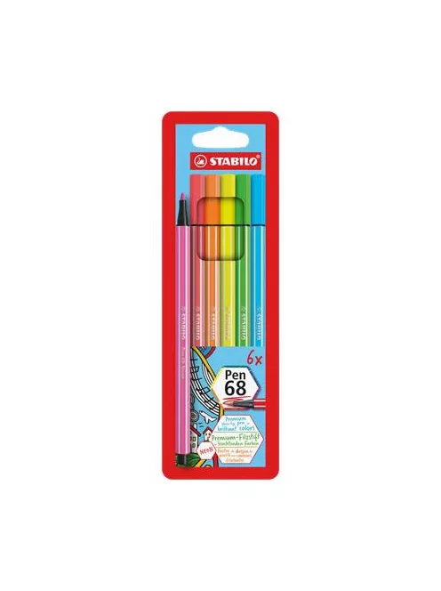 STABILO Filctoll készlet, 1 mm, STABILO "Pen 68", 6 neon szín