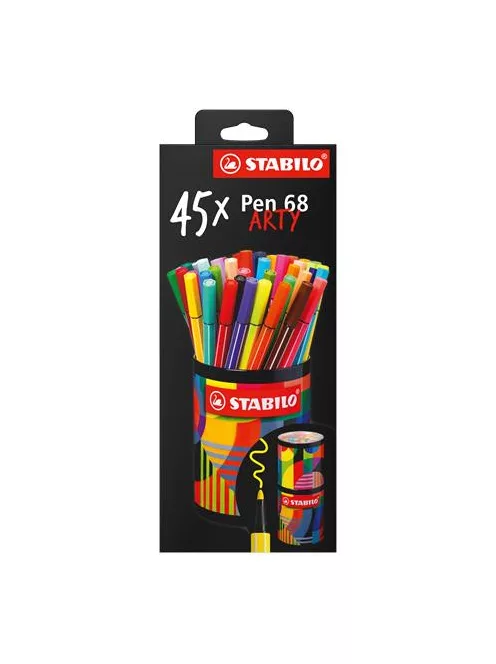 STABILO Filctoll készlet, hengeres fém doboz, 1 mm, STABILO "Pen 68 ARTY", 45 különböző szín