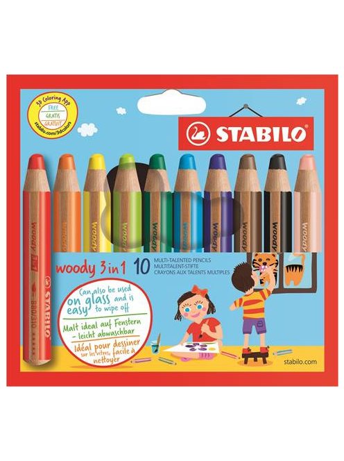 STABILO Színes ceruza készlet, kerek, vastag, STABILO "Woody 3 in 1", 10 különböző szín