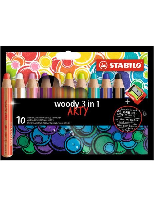 STABILO Színes ceruza készlet, kerek, vastag, STABILO "Woody ARTY 3 in 1", 10 különböző szín