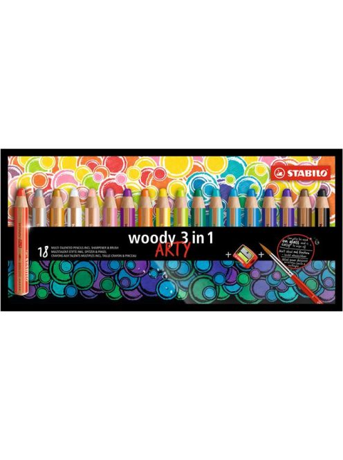 STABILO Színes ceruza készlet, kerek, vastag, STABILO "Woody ARTY 3 in 1", 18 különböző szín