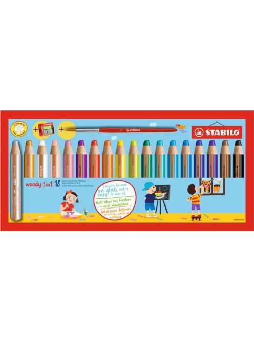 STABILO Színes ceruza készlet, kerek, vastag, STABILO "Woody 3 in 1", 18 különböző szín