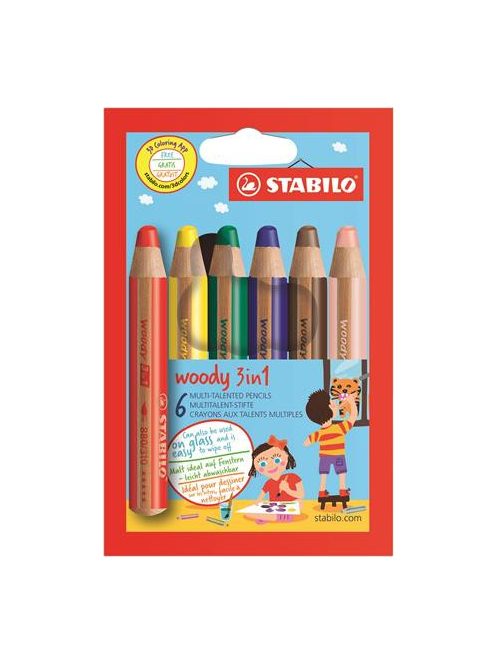 STABILO Színes ceruza készlet, kerek, vastag, STABILO "Woody 3 in 1", 6 különböző szín