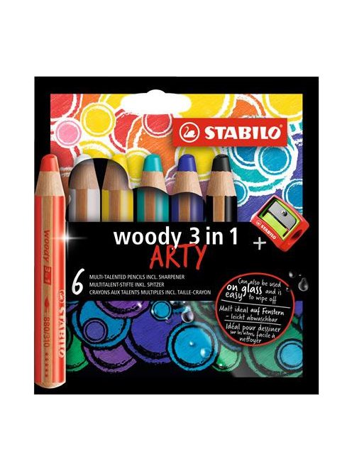 STABILO Színes ceruza készlet, kerek, vastag, STABILO "Woody ARTY 3 in 1", 6 különböző szín