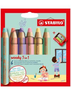   STABILO Színes ceruza készlet, kerek, vastag, STABILO "Woody 3 in 1 Pastel", 6 különböző pasztell szín