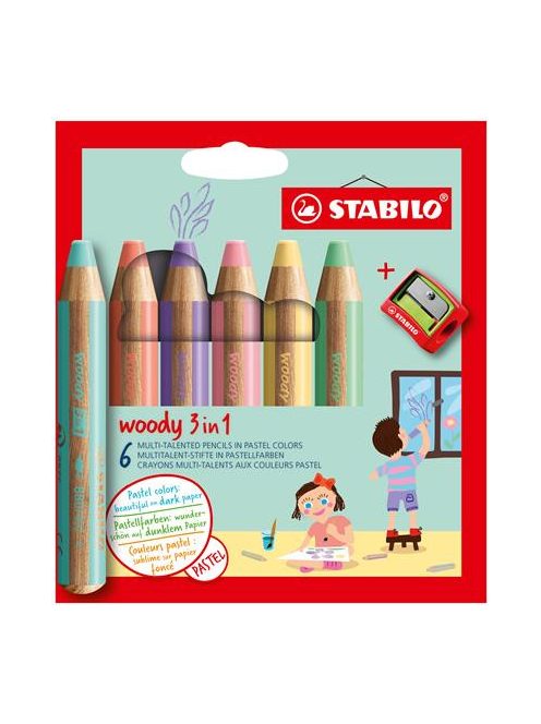 STABILO Színes ceruza készlet, kerek, vastag, STABILO "Woody 3 in 1 Pastel", 6 különböző pasztell szín