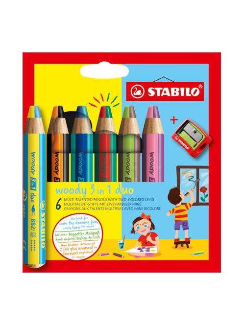 STABILO Színes ceruza készlet, STABILO "Woody 3 in 1 duo", 6 dupla vegyes szín