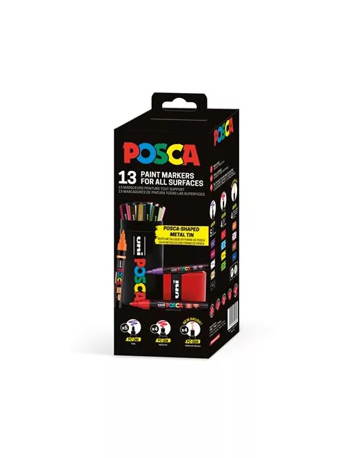 UNI Dekormarker készlet, Posca fém dobozos, UNI "Posca", 13 különböző szín