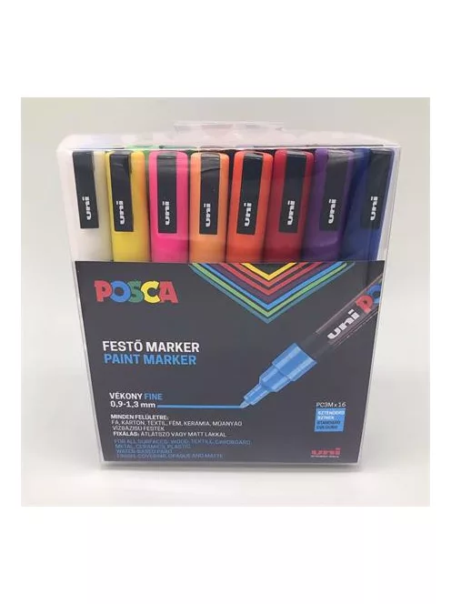 UNI Dekormarker készlet, 0,9-1,3 mm, UNI "Posca PC-3M", 16 különböző szín