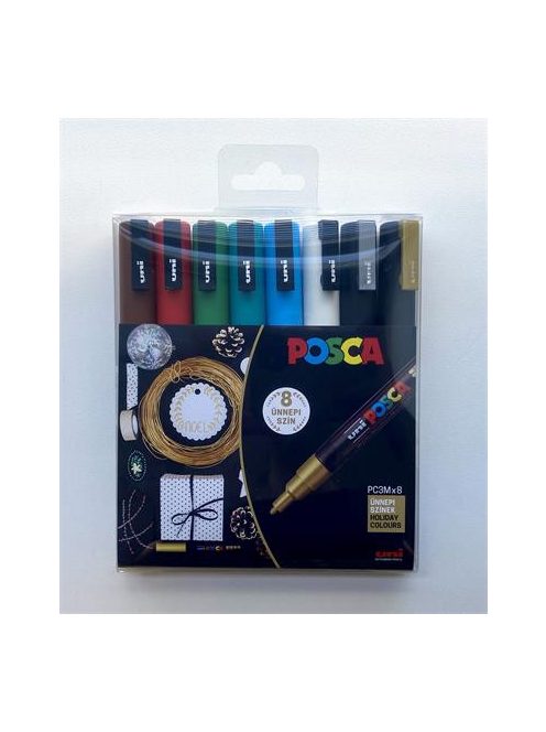 UNI Dekormarker készlet, 0,9-1,3 mm, UNI "Posca PC-3M Holiday", 8 különböző szín