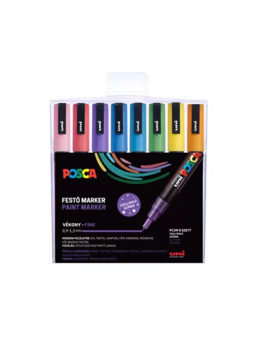 UNI Dekormarker készlet, 0,9-1,3 mm, UNI "Posca PC-3ML", 8 különböző csillogó szín