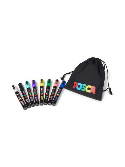 UNI Dekormarker készlet, 1,8-2,5 mm, UNI "Posca Pouch PC-5M", 8 különböző szín, tartóval