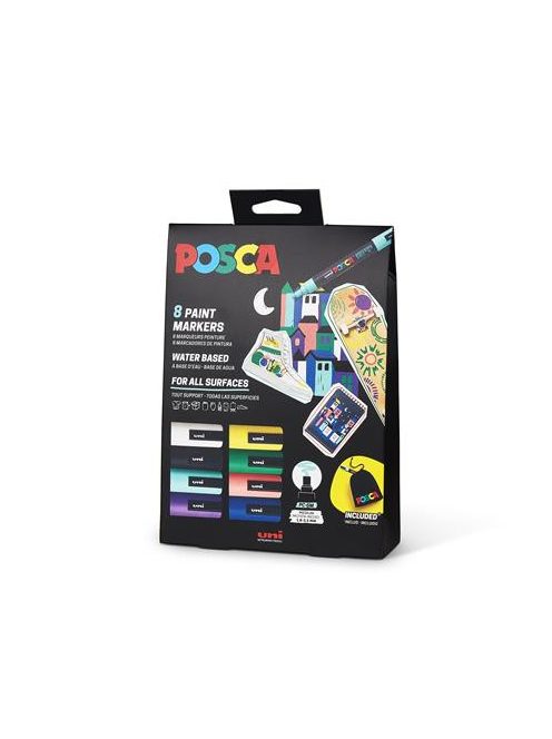 UNI Dekormarker készlet, 1,8-2,5 mm, UNI "Posca Pouch PC-5M", 8 különböző szín, tartóval
