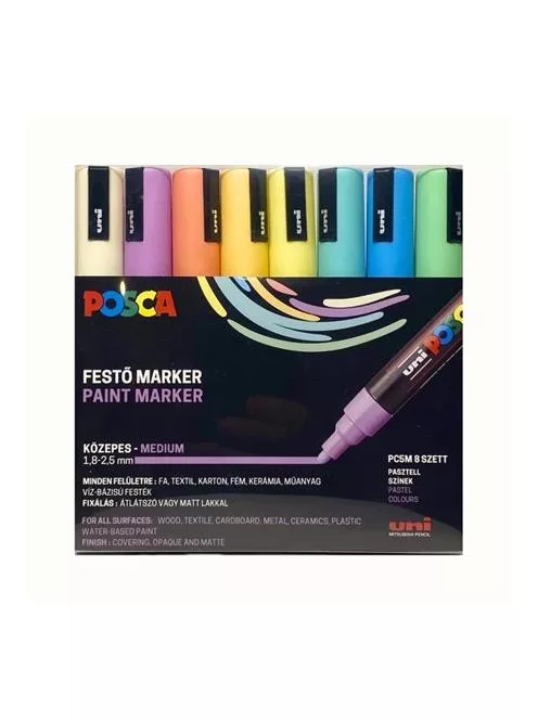 UNI Dekormarker készlet, 1,8-2,5 mm, UNI "Posca PC-5M", 8 különböző pasztell szín