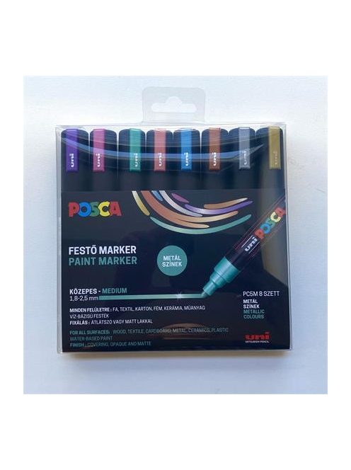 UNI Dekormarker készlet, 1,8-2,5 mm, UNI "Posca PC-5M", 8 különböző metál szín