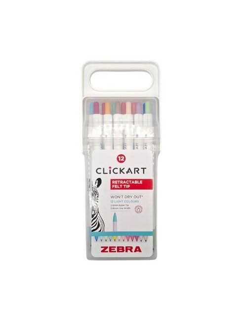 ZEBRA Filctoll készlet, nyomógombos, 0,6 mm, ZEBRA "Clickart" 12 különböző pasztell szín