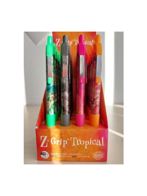 ZEBRA Golyóstoll display, 0,27 mm, nyomógombos, ZEBRA "Z-Grip Tropical", kék, 4 különböző minta