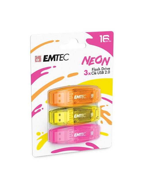 EMTEC Pendrive, 16GB, 3 db, USB 2.0, EMTEC "C410 Neon", narancs, citromsárga, rózsaszín