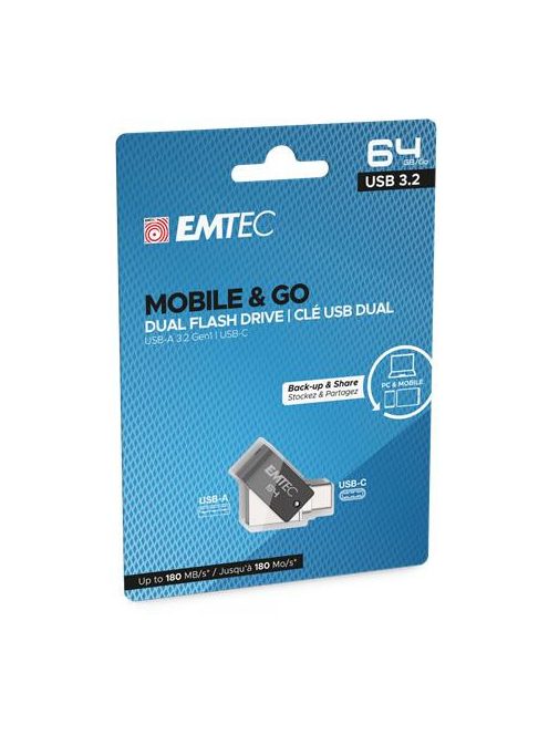 EMTEC Pendrive, 64GB, USB 3.2, USB-A bemenet/USB-C kimenet, EMTEC "T260C Dual"