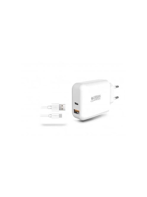 URBAN FACTORY Hálózati töltő, 1xUSB-A (18W), 1xUSB-C (45W), USB-A–USB-C kábel, URBAN FACTORY