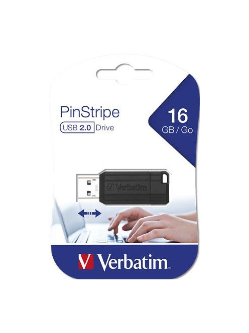 VERBATIM Pendrive, 16GB, USB 2.0, 10/4MB/sec, VERBATIM "PinStripe", fekete