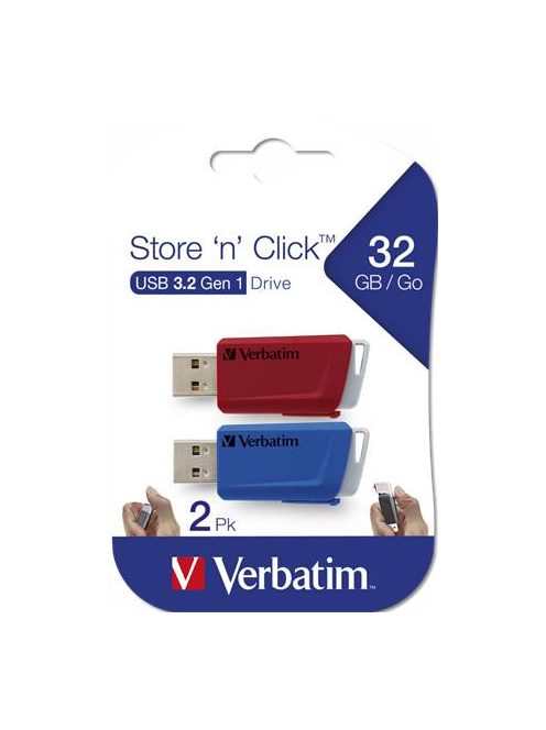 VERBATIM Pendrive, 2 x 32GB, USB 3.2, 80/25MB/sec, VERBATIM "Store n Click", piros, kék