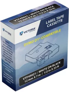   VICTORIA TECHNOLOGY Feliratozógép szalag, 12 mm x 7 m, VICTORIA TECHNOLOGY, fekete-fehér