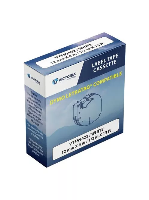 VICTORIA TECHNOLOGY Feliratozógép szalag, 12 mm x 4 m, VICTORIA TECHNOLOGY, fehér