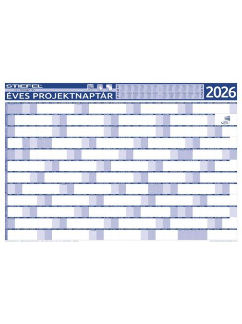 STIEFEL Éves tervező és projekt naptár, kétoldalas, fémléces, kék színű filctollal, 70x100 cm, 2026 évi, STIEFEL